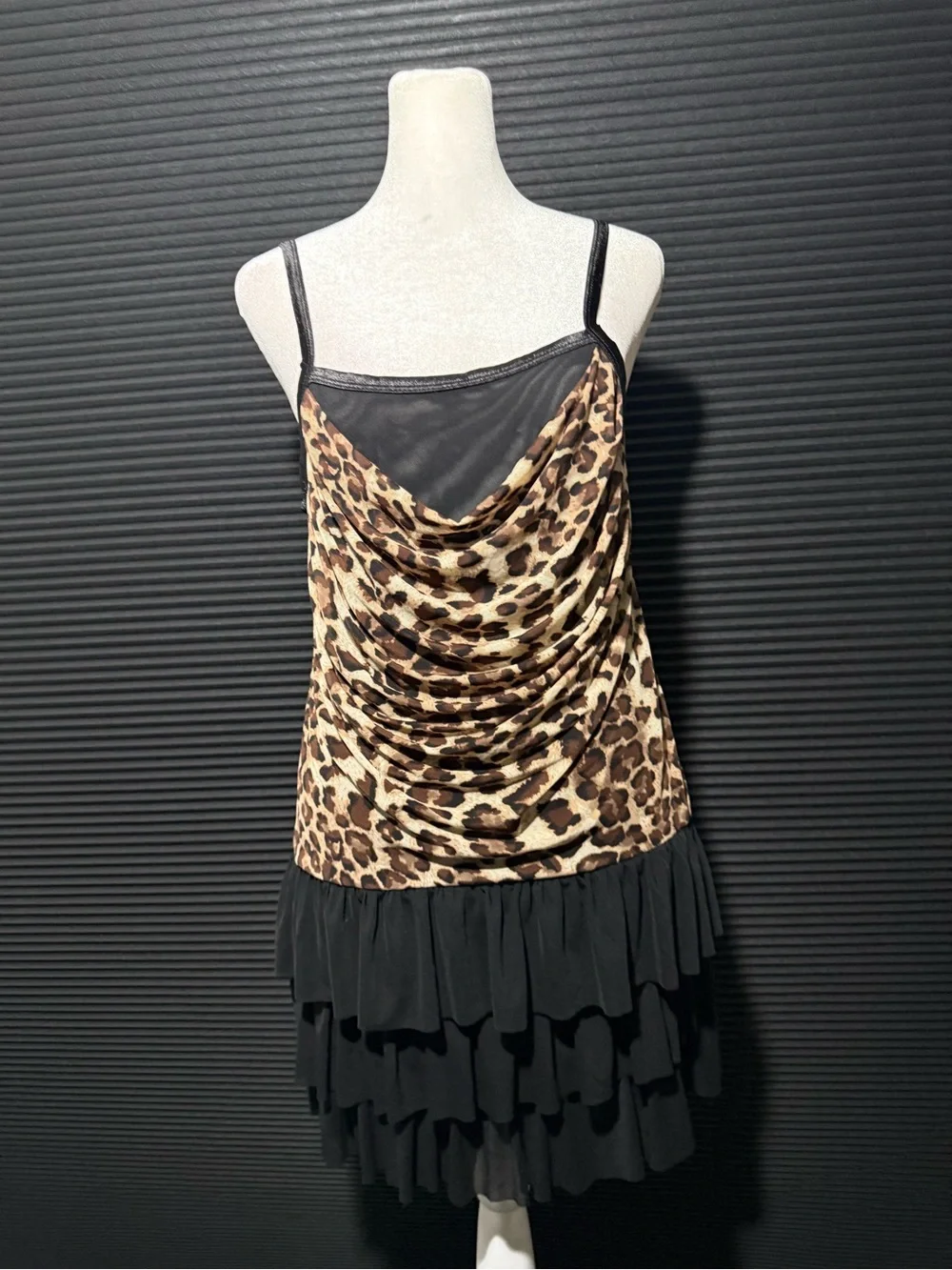 Leopard Print Cowl Neck Slip Dress with Black Tiered Skirt